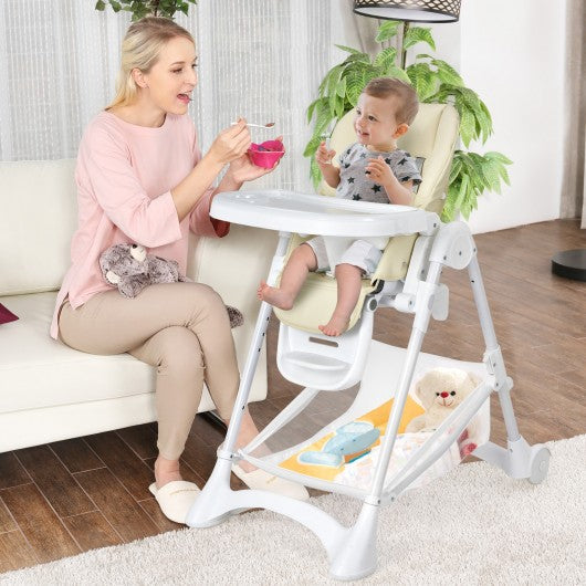 Baby Convertible Folding Adjustable High Chair with Wheel Tray Storage Basket -Beige