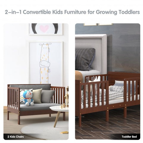 2-in-1 Convertible Kids Wooden Bedroom Furniture with Guardrails-Brown