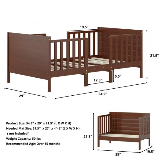 2-in-1 Convertible Kids Wooden Bedroom Furniture with Guardrails-Brown