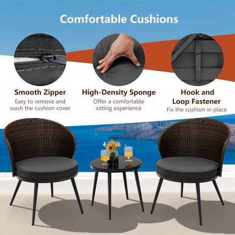 3 Pieces Patio Rattan Bistro Set with 2 Seat Cushions and Tempered Glass Tabletop-Brown