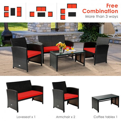 4 Pieces Patio Rattan Cushioned Furniture Set-Red