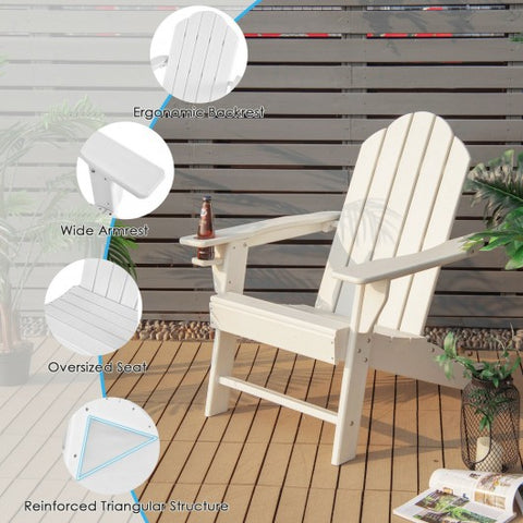 Outdoor Folding Adirondack Chair with Built-in Cup Holder for Backyard and Porch-White
