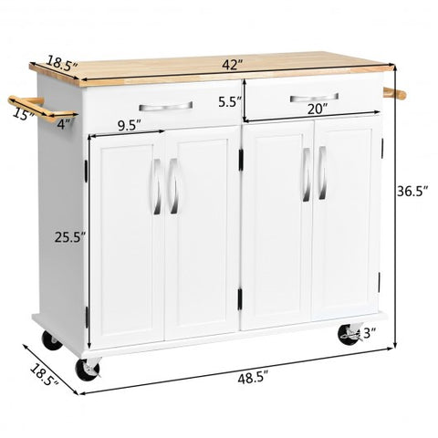 Wood Top Rolling Kitchen Trolley Island Cart Storage Cabinet-White