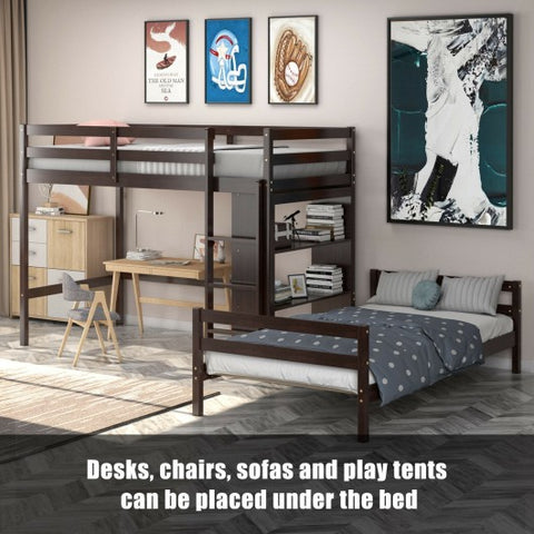 Twin Over Twin Loft Bunk Bed with Bookcase-Dark Brown