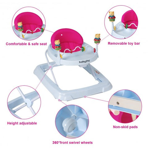 Adjustable Height Removable Folding Portable Baby Walker-Pink