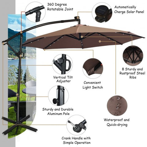10 ft 360° Rotation Solar Powered LED Patio Offset Umbrella without Weight Base-Tan