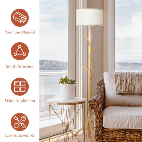 Multifunctional Wood Floor Light with 6 Hooks and E26 Lamp Holder for Living Room Bedroom Hallway