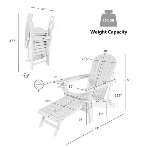 Patio All-Weather Folding Adirondack Chair with Pull-Out Ottoman-White