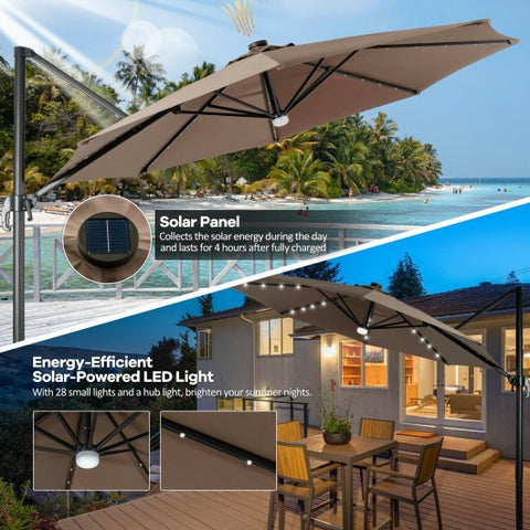 10FT Cantilever Solar Umbrella 28LED Lighted Patio Offset Tilt 360° for Outdoor-Brown
