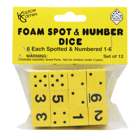Yellow Spot & Number 16mm Foam Dice, 12 Per Pack, 6 Packs