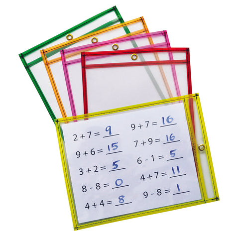 Dry Erase Pockets, 5 Assorted Neon Colors, 9" x 12", 10 Pockets Per Pack, 2 Packs