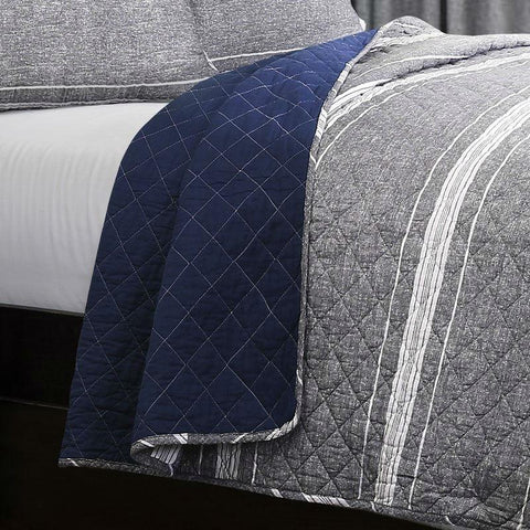 King Gray Navy Stripe Motif 100% Cotton Reversible Quilt Coverlet Bedspread Set