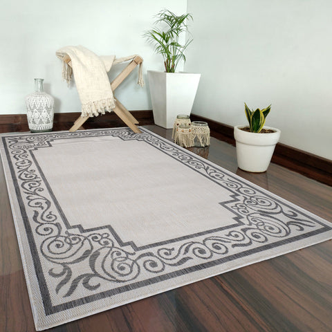 5’ x 7’ Gray Ornate Border Indoor Outdoor Area Rug