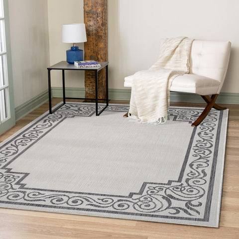 5’ x 7’ Gray Ornate Border Indoor Outdoor Area Rug