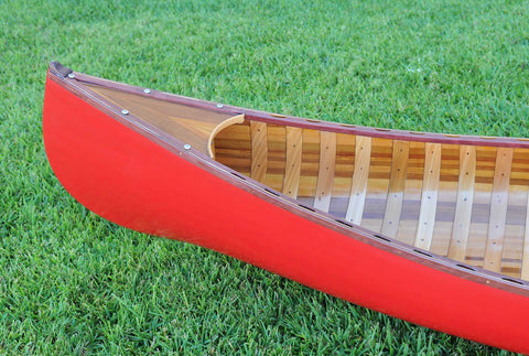 26.5" x 117" x 20" Red Wooden Canoe With Ribs Curved Bow