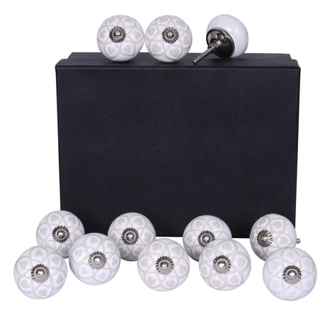 Set of 12 Vintage White and Beige Circles Ceramic Knobs