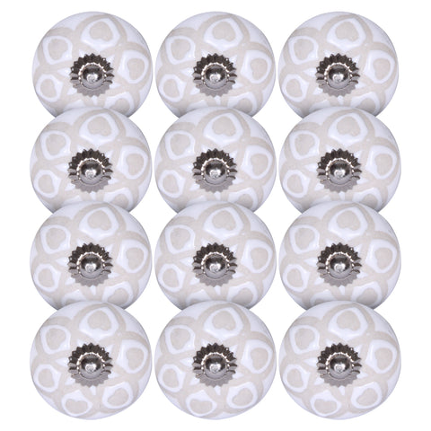 Set of 12 Vintage White and Beige Circles Ceramic Knobs