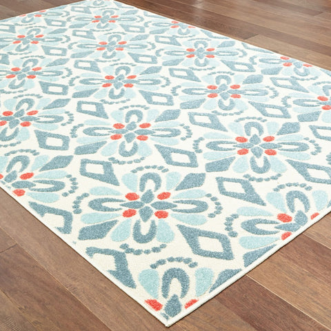 9' x 12' Ivory Blue Global Geo Tile Indoor Outdoor Area Rug