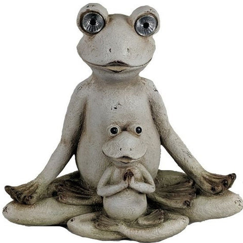 16" Antiqued White Pair of Yoga Frogs Solar Outdoor Statue