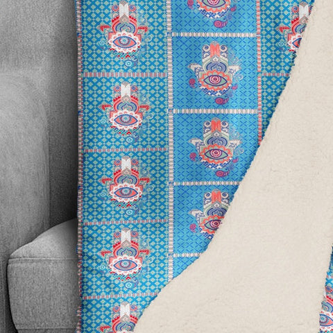 Aqua Hamsa Patchwork Fleece and Sherpa Throw Blanket