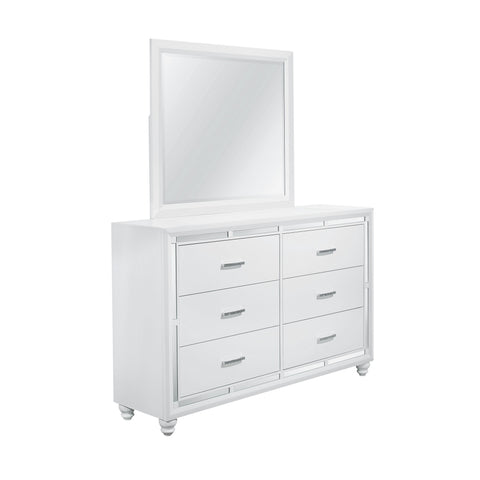 White Dresser with Mirror Trim Accent 6 Drawers
