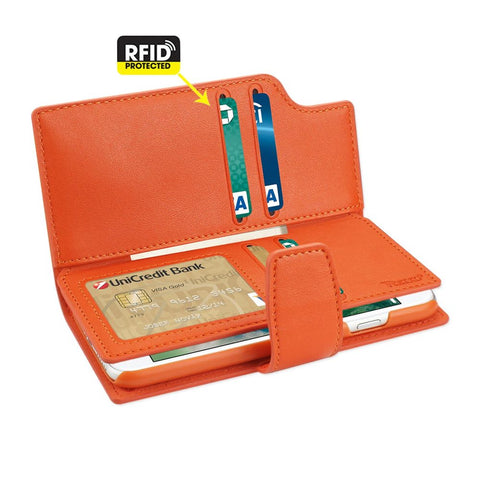 Reiko Iphone 8/ 7 Genuine Leather Wallet Case With Open Thumb Cut In Tangerine