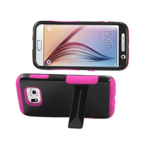 Reiko Samsung Galaxy S6 Hybrid Heavy Duty Grip Case With Lower Kickstand In Hot Pink Black