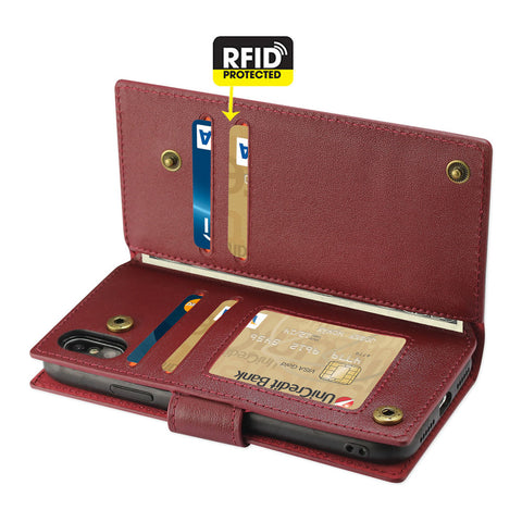 Reiko Iphone X/iphone Xs Genuine Leather Wallet Case With Rfid Card Protection In Bungundy