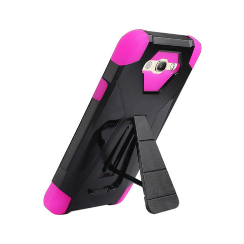 Reiko Samsung Galaxy J7 (2016) Hybrid Heavy Duty Case With Kickstand In Hot Pink Black