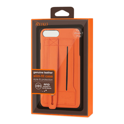 Reiko Iphone 8 Plus/ 7 Plus Genuine Leather Hand Strap Case In Tangerine