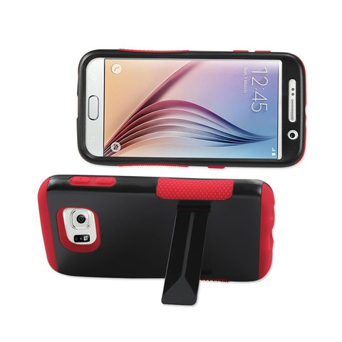Reiko Samsung Galaxy S6 Hybrid Heavy Duty Grip Case With Lower Kickstand In Red Black