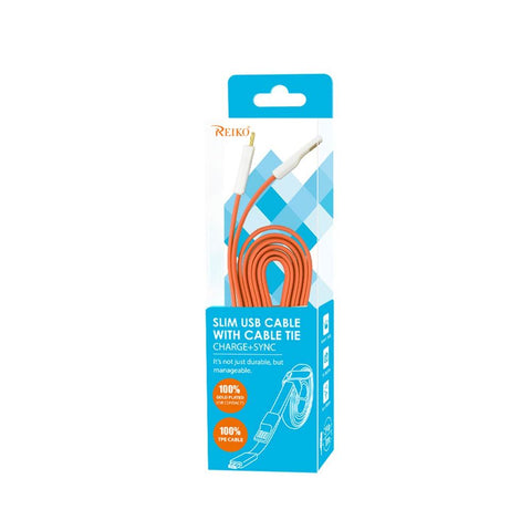Reiko Flat Micro Usb Gold Plated Data Cable 3.9ft With Cable Tie In Orange