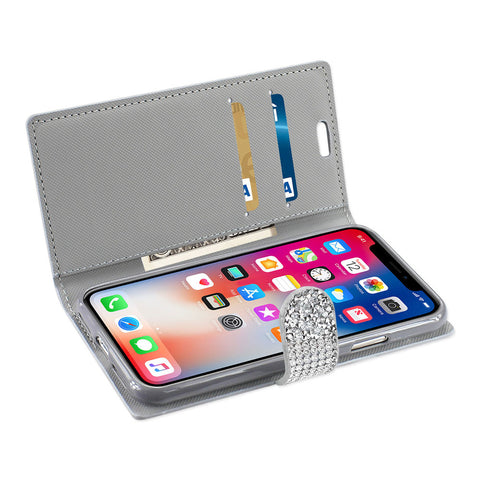 Reiko Iphone X/iphone Xs Diamond Rhinestone Wallet Case In Silver