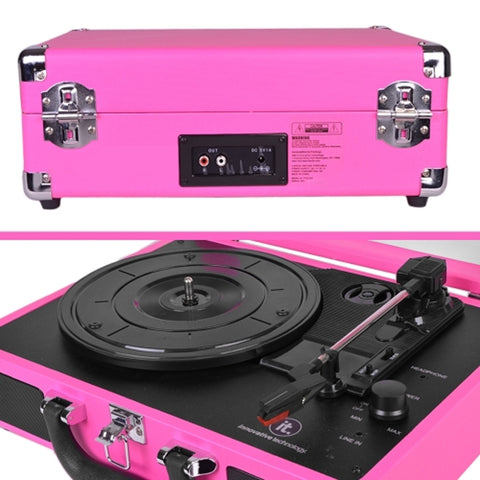 Innovative Technology 3-speed Vintage Suitcase Turntable W/built-instereo Speakers & Matching Headphones (pink)