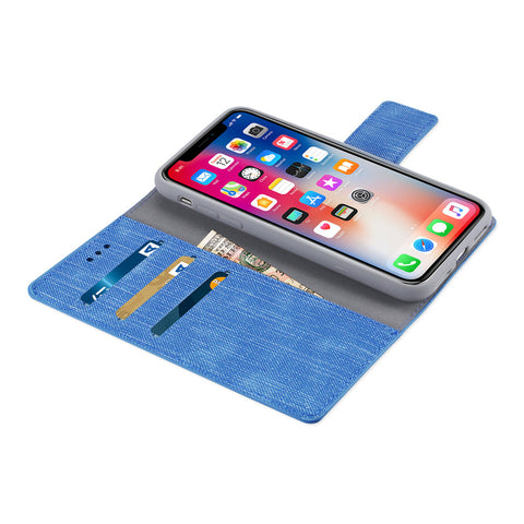 Reiko Iphone X/iphone Xs Denim Wallet Case With Gummy Inner Shell And Kickstand Function In Navy