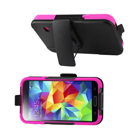 Reiko Samsung Galaxy S5 3-in-1 Hybrid Heavy Duty Holster Combo Case In Hot Pink Black