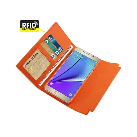 Reiko Samsung Galaxy Note 5 Genuine Leather Rfid Wallet Case And Metal Buckle Belt In Tangerine