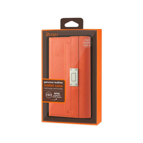 Reiko Samsung Galaxy Note 5 Genuine Leather Rfid Wallet Case And Metal Buckle Belt In Tangerine