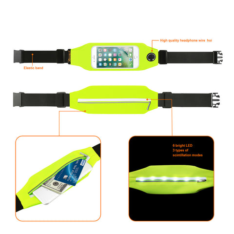 Reiko Running Sport Belt For Iphone 7/ 6/ 6s Or 5 Inches Device With Two Pockets And Led In Green (5x5 Inches)