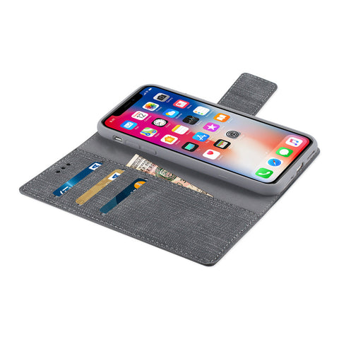Reiko Iphone X/iphone Xs Denim Wallet Case With Gummy Inner Shell And Kickstand Function In Gray
