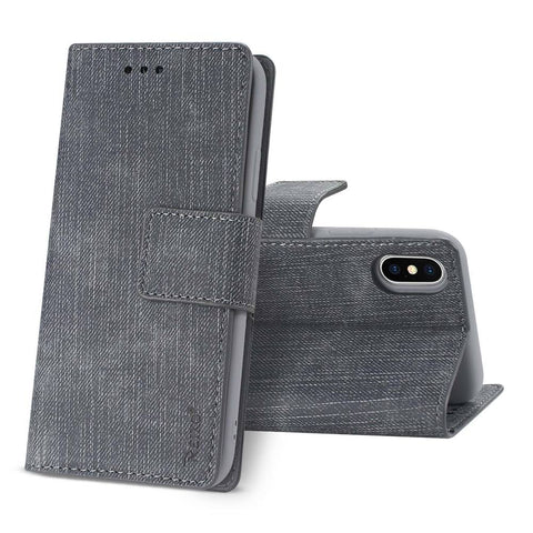 Reiko Iphone X/iphone Xs Denim Wallet Case With Gummy Inner Shell And Kickstand Function In Gray