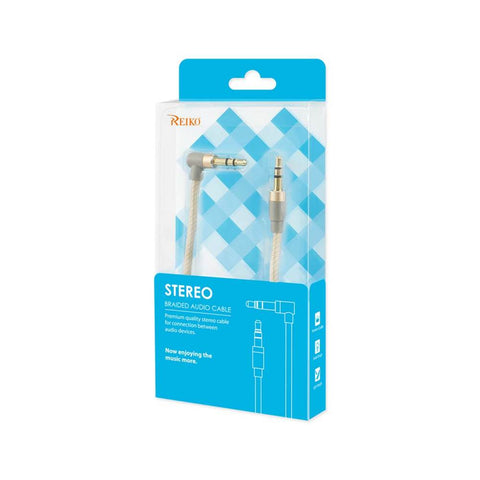 Reiko Nylon Braided Right Angle 3.5mm Male To Male Stereo Audio Cable 3.9fts In Gold