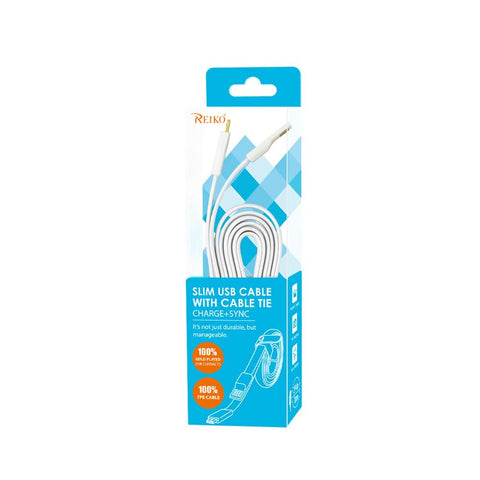 Reiko Flat Micro Usb Gold Plated Data Cable 3.9ft With Cable Tie In White