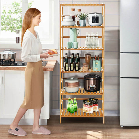 6-Tier Bamboo Bookshelf with Adjustable Shelves-Natural
