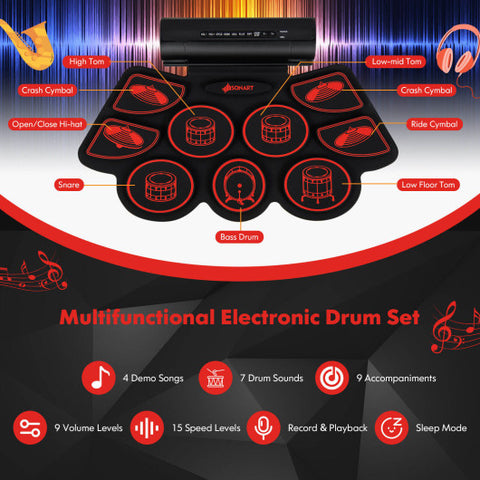 Electronic Drum Set with 2 Build-in Stereo Speakers for Kids-Red