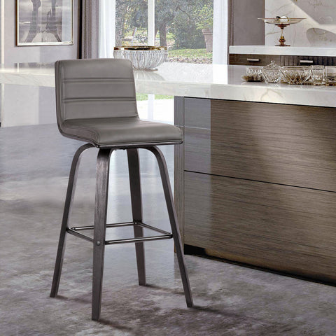 30” Gray Faux Leather Black Wooden Swivel Bar Stool