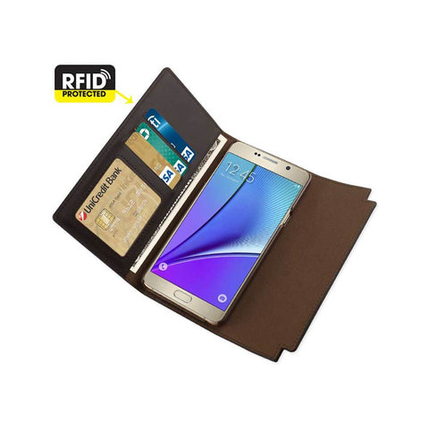 Reiko Samsung Galaxy Note 5 Genuine Leather Rfid Wallet Case And Metal Buckle Belt In Umber