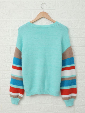 Striped Dropped Shoulder Crewneck Ribbed Trim Sweater