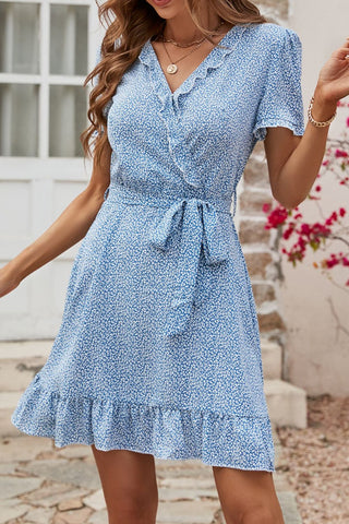 Leopard Print Tie Belt Puff Sleeve Dress