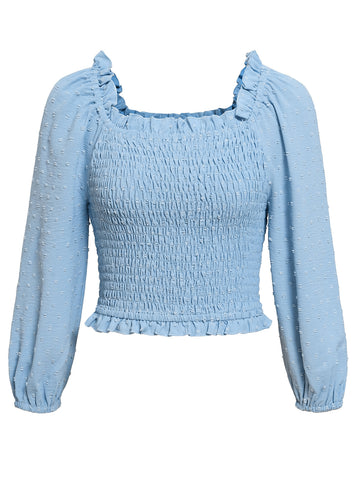 Swiss Dot Smocked Frill Trim Blouse